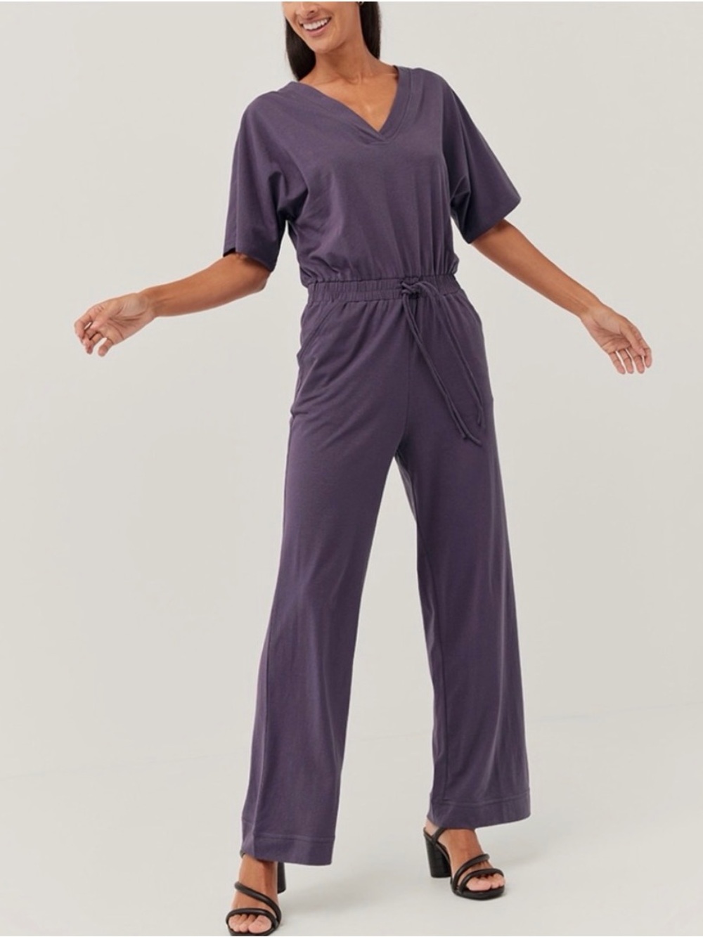 Pact V-Neck Wide-Leg Jumpsuit in Plum
